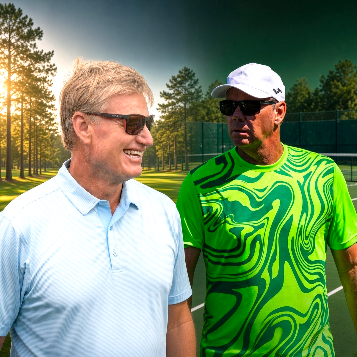 Combined image of Ernie Els on the left and Pietie Norval on the right wearing JONDO sunglasses