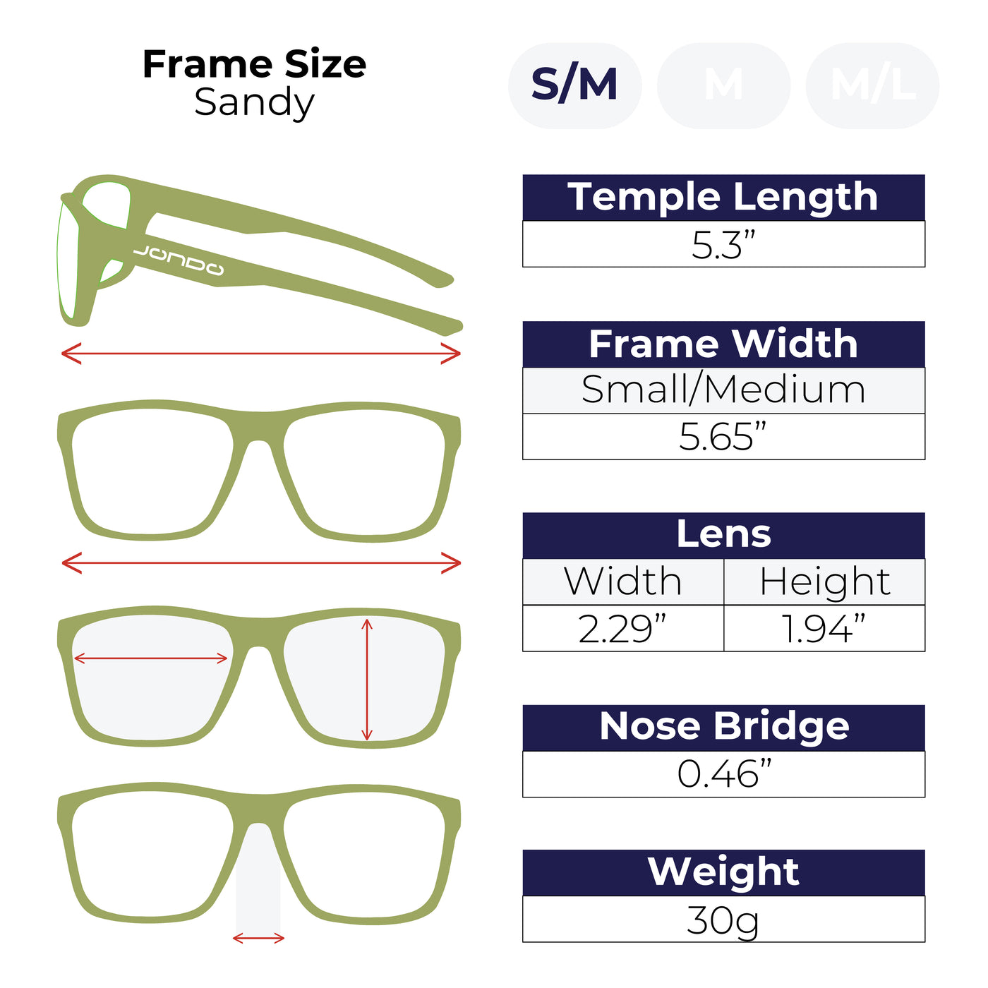 Sizing guide for Sandy Golf Sunglasses