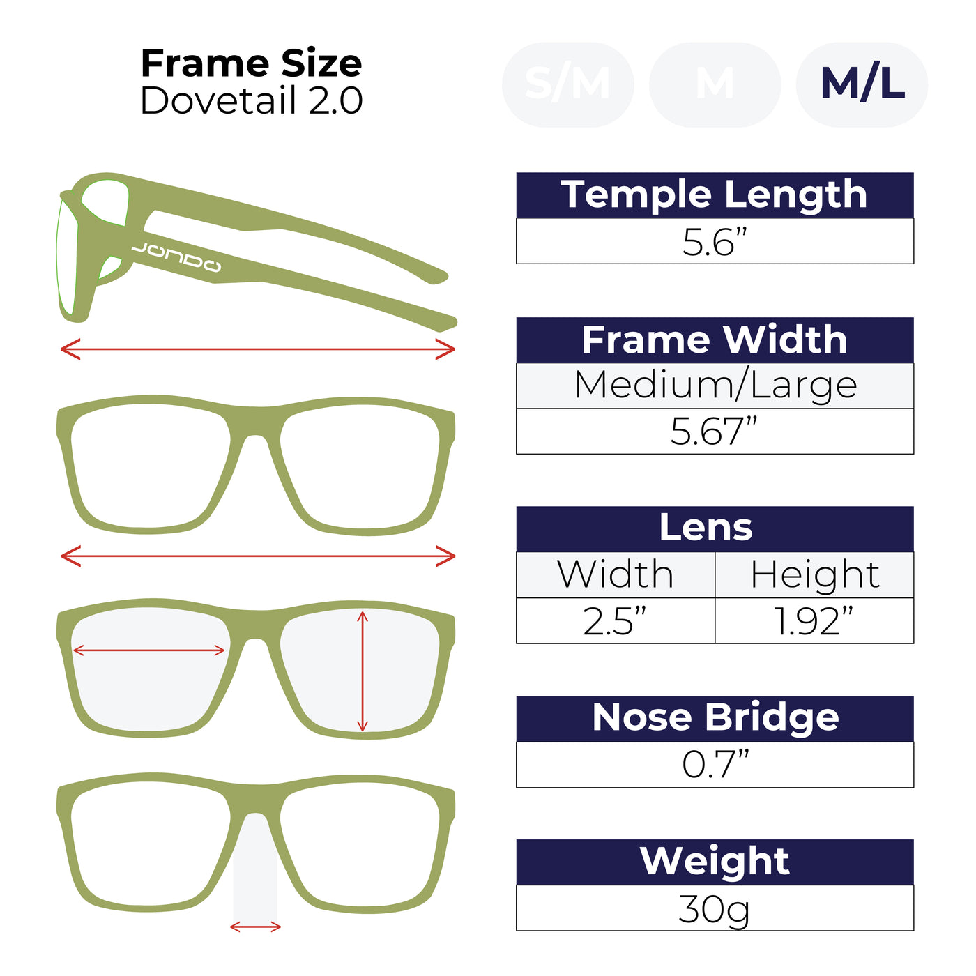 Sizing guide for Dovetail 2.0 Golf Sunglasses