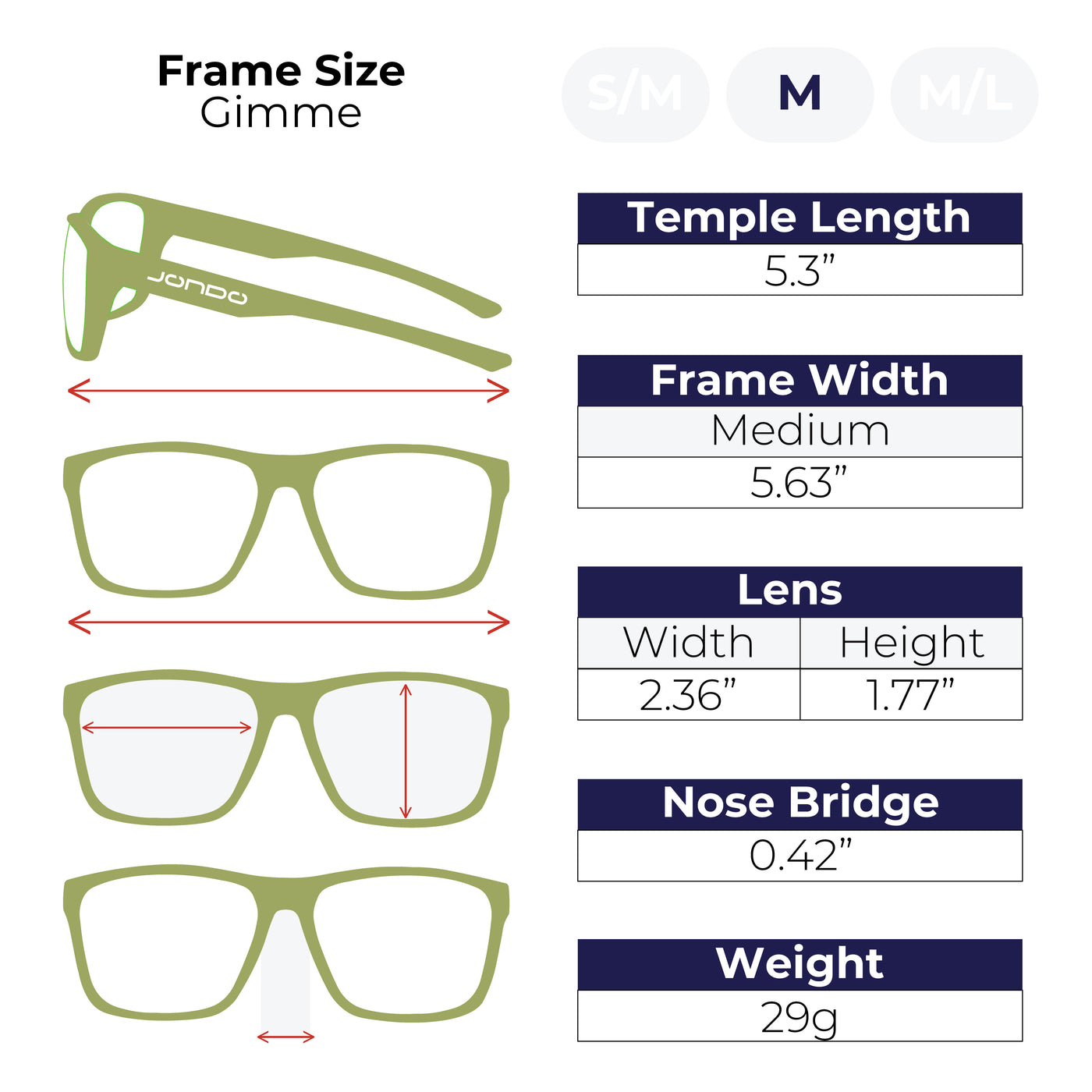 Sizing guide for Gimme Golf Sunglasses