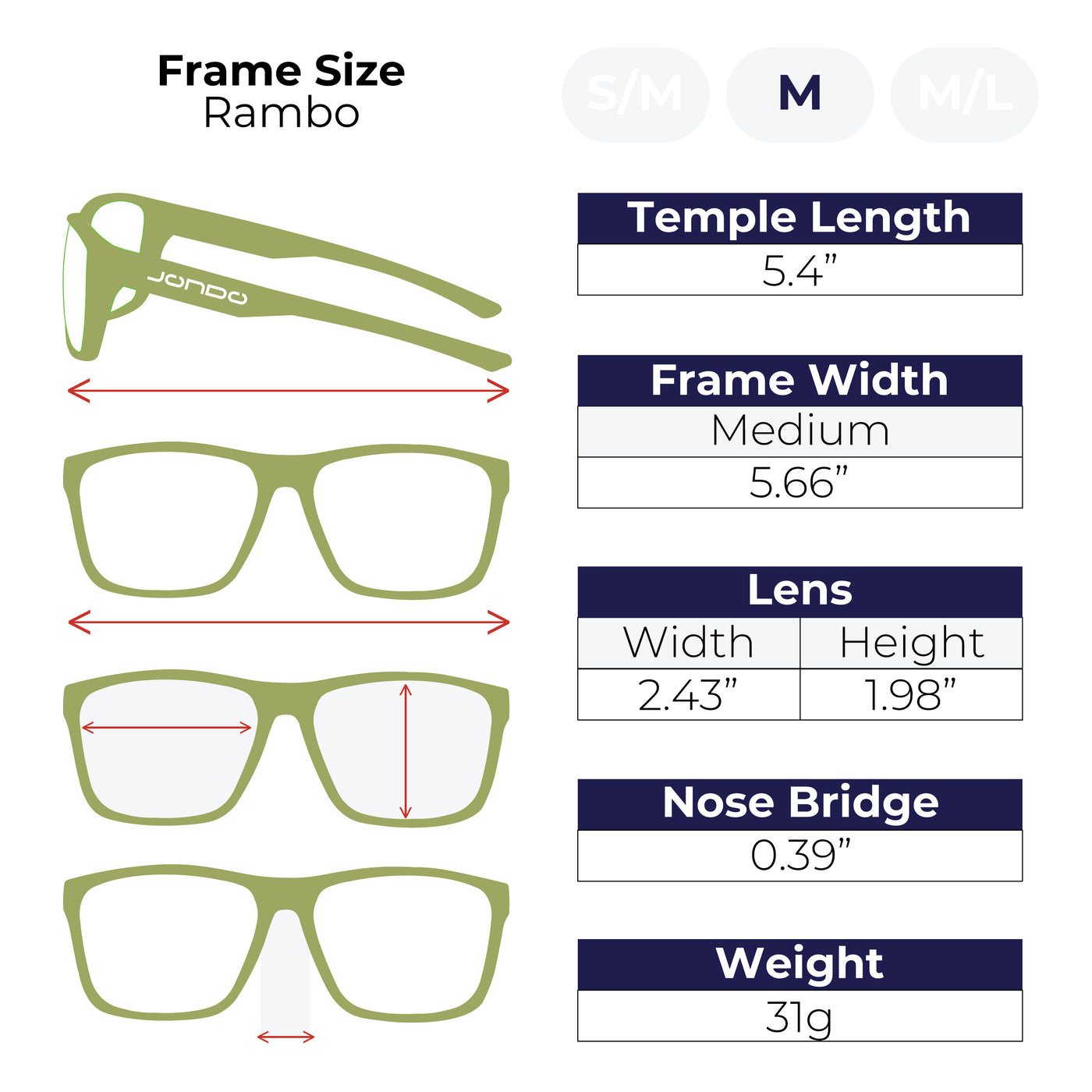 Sizing guide for Rambo Golf Sunglasses