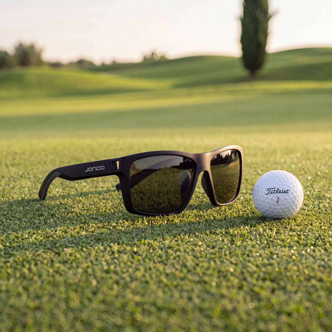 JONDO sunglasses beside a golf ball on the course